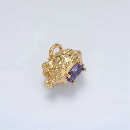 24K Gold Filled Dotted Textured Puffer Fish Animal Charm | D-855