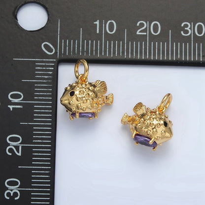 24K Gold Filled Dotted Textured Puffer Fish Animal Charm | D-855