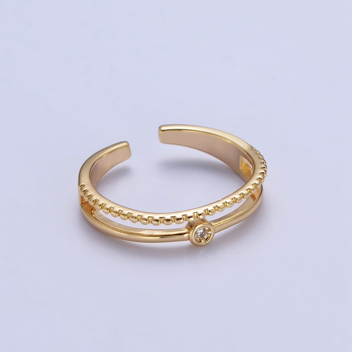 OS 24K Gold Filled Double Band Beaded &amp; Clear Cubic Zirconia Stone Adjustable Gold Ring | U-030