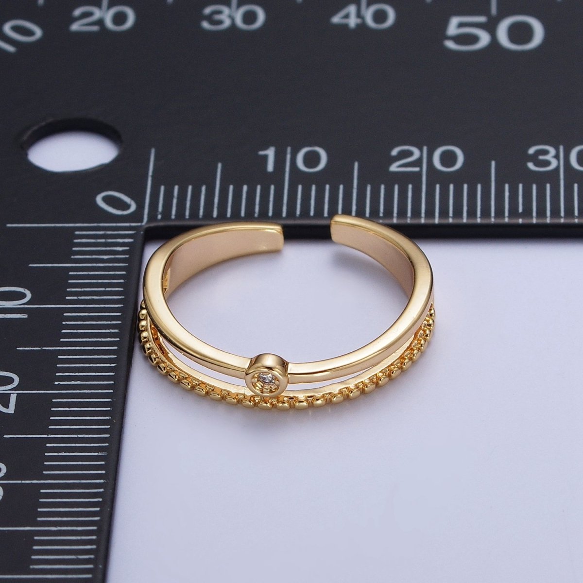 OS 24K Gold Filled Double Band Beaded &amp; Clear Cubic Zirconia Stone Adjustable Gold Ring | U-030