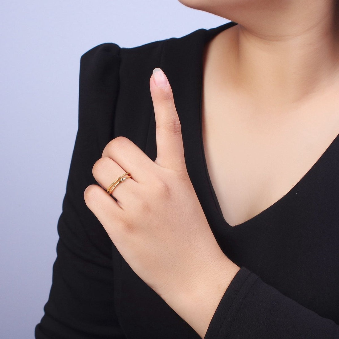 OS 24K Gold Filled Double Band Beaded &amp; Clear Cubic Zirconia Stone Adjustable Gold Ring | U-030