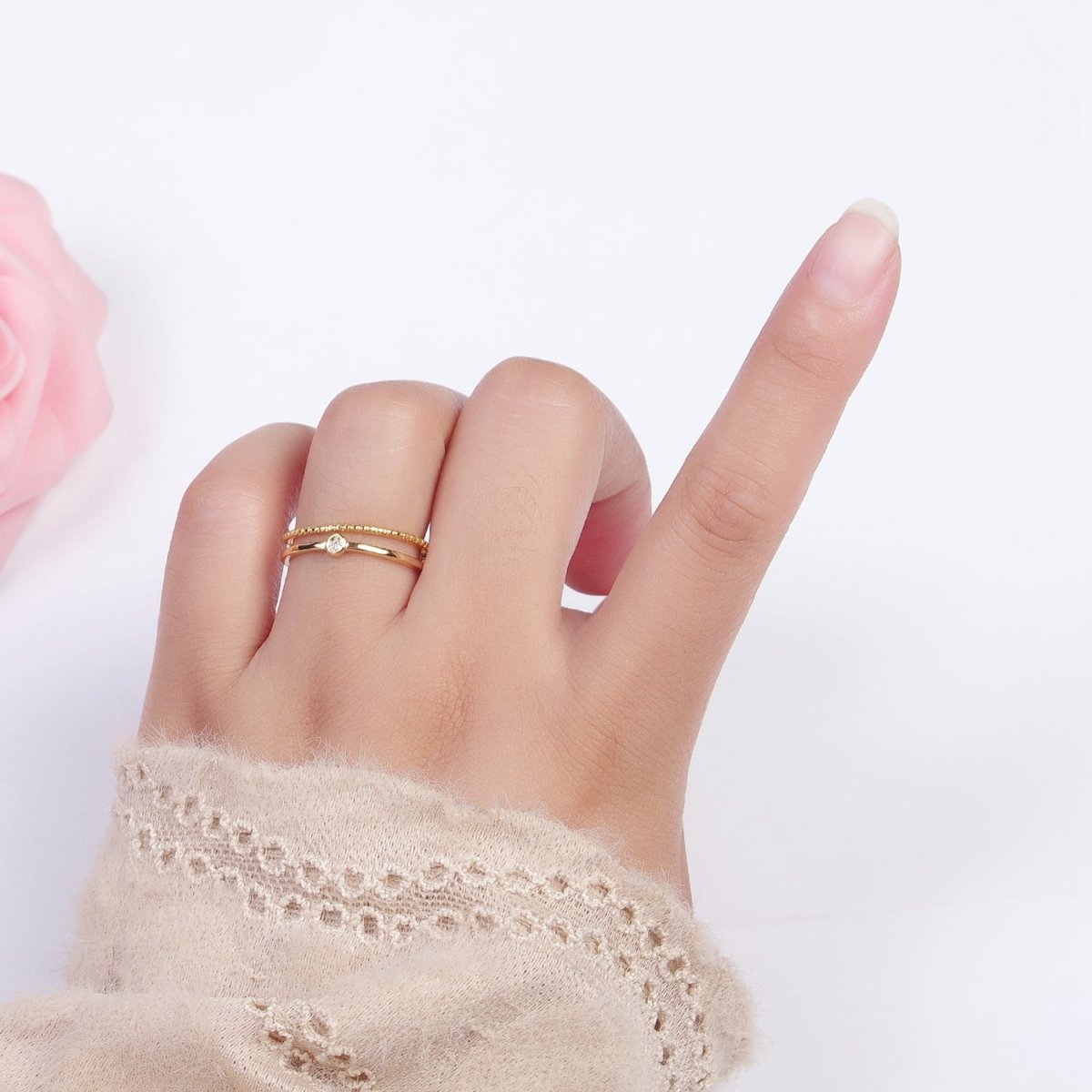 OS 24K Gold Filled Double Band Beaded &amp; Clear Cubic Zirconia Stone Adjustable Gold Ring | U-030