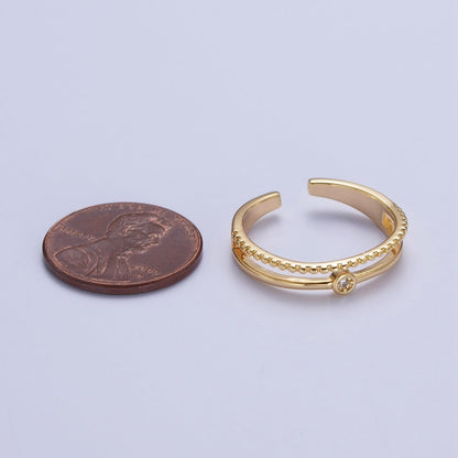 OS 24K Gold Filled Double Band Beaded &amp; Clear Cubic Zirconia Stone Adjustable Gold Ring | U-030