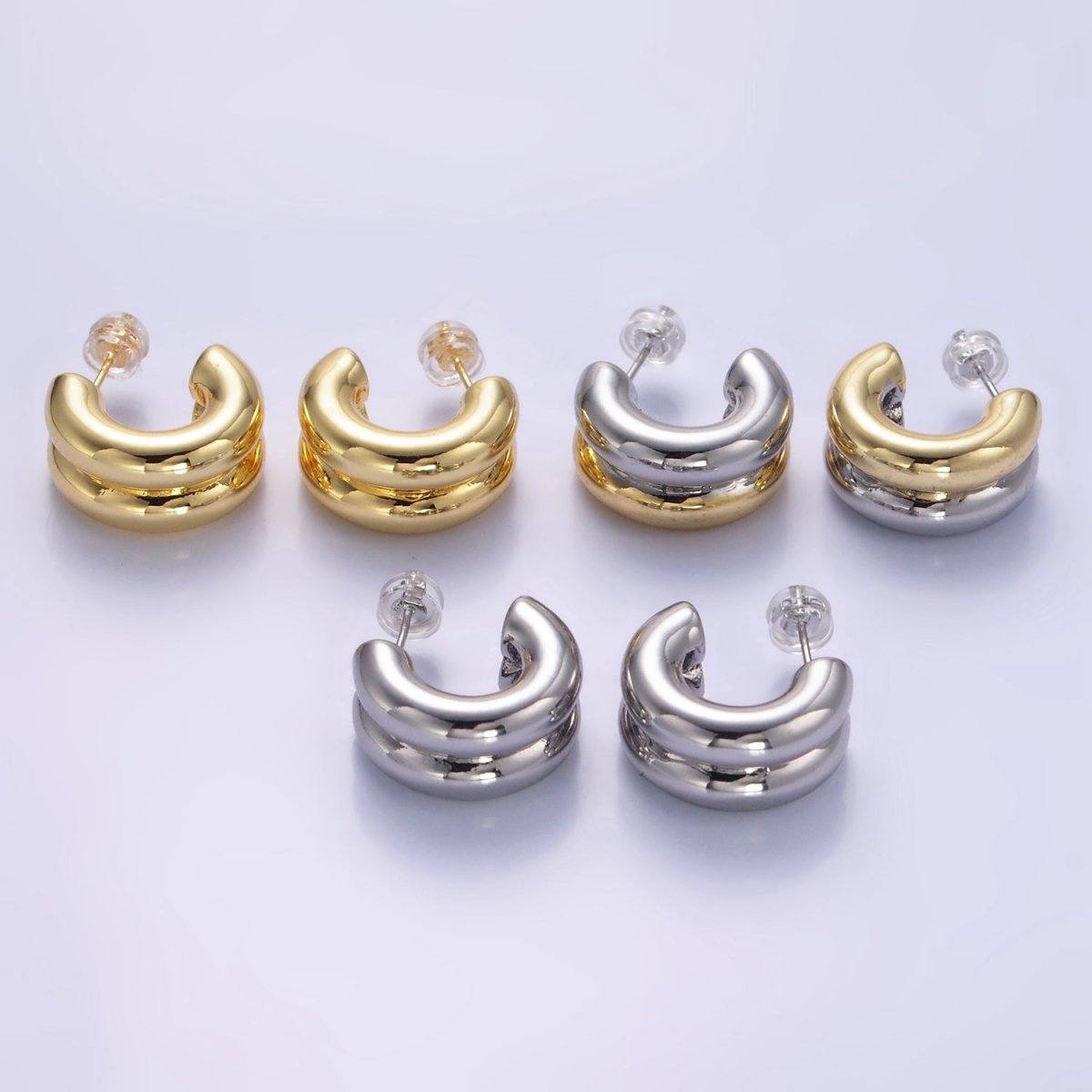 24K Gold Filled Double Band C-Shaped Hoop Earrings in Gold, Silver &amp; Mixed Metal | T316 - T318