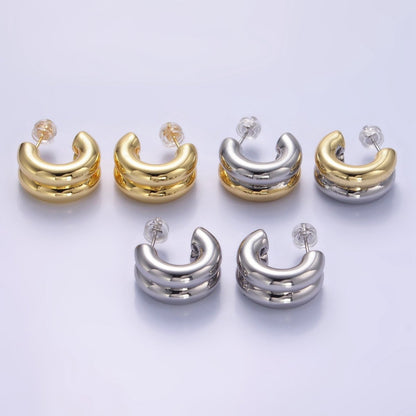 24K Gold Filled Double Band C-Shaped Hoop Earrings in Gold, Silver &amp; Mixed Metal | T316 - T318