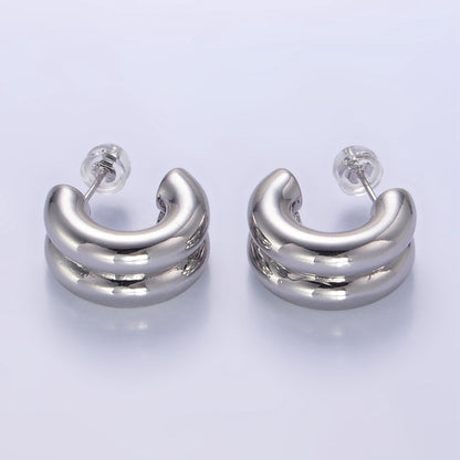 24K Gold Filled Double Band C-Shaped Hoop Earrings in Gold, Silver &amp; Mixed Metal | T316 - T318