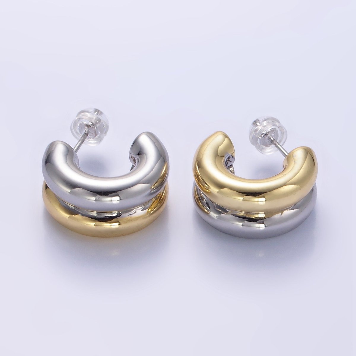 24K Gold Filled Double Band C-Shaped Hoop Earrings in Gold, Silver &amp; Mixed Metal | T316 - T318