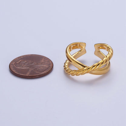 24K Gold Filled Double Band Cross Braided Twist Adjustable Gold Ring | S-371