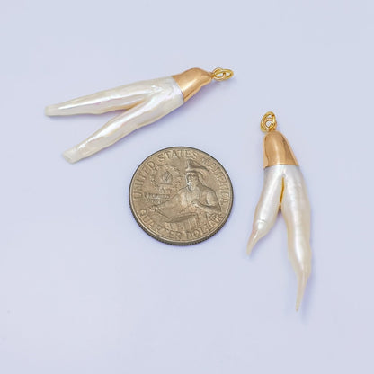 24K Gold Filled Double Biwa V White Freshwater Pearl Foil Charm | P1941