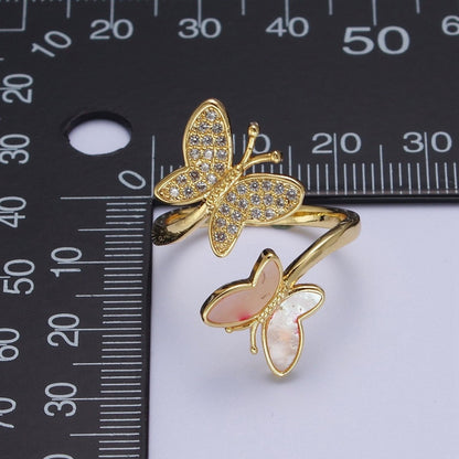 24K Gold Filled Double Butterfly Mariposa Pink Opal Micro Paved Cubic Zirconia Adjustable Garden Insect Ring | O886