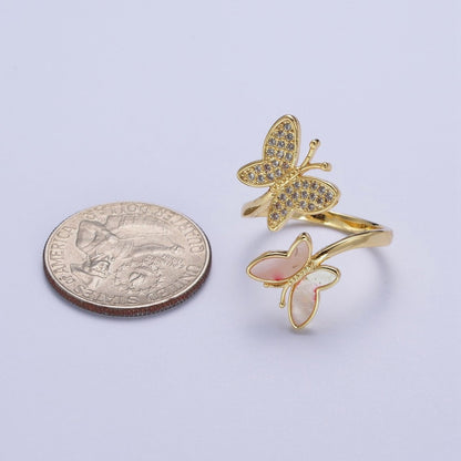 24K Gold Filled Double Butterfly Mariposa Pink Opal Micro Paved Cubic Zirconia Adjustable Garden Insect Ring | O886