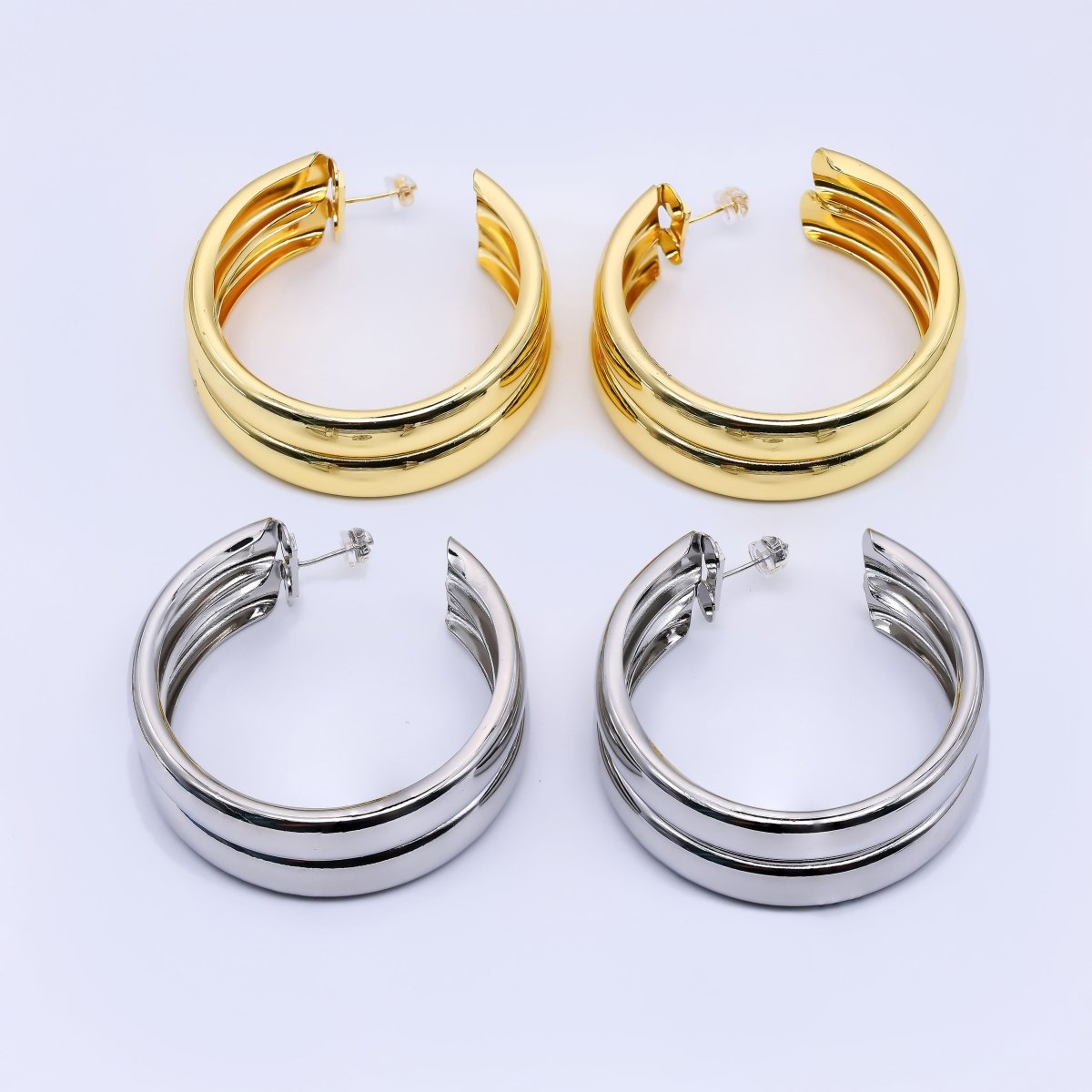 24K Gold Filled Double C-Shaped Hoop Earrings in Gold and Silver | Q422 Q423