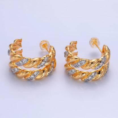 24K Gold Filled Double Croissant Micro Paved CZ Mixed Metal C-Shaped Hoop Earrings | V305