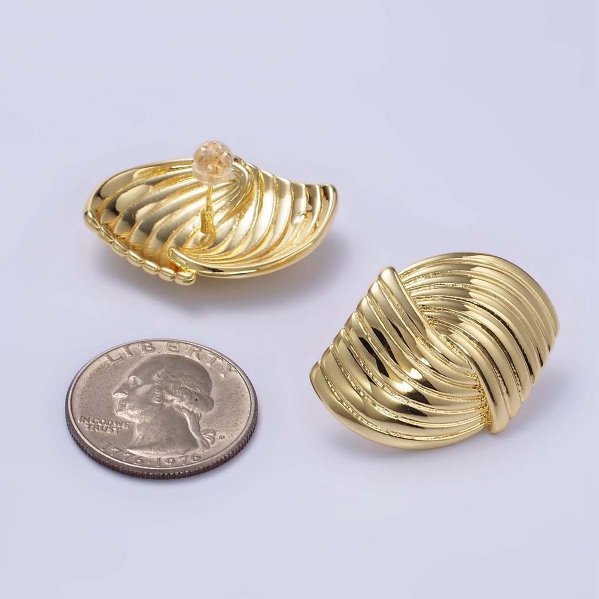 24K Gold Filled Double Curved Puffed Lined Geometric Stud Earrings in Gold &amp; Silver | T314 T315