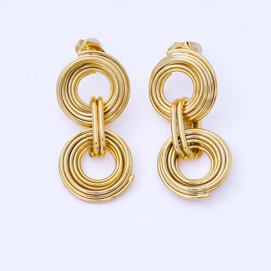 24K Gold Filled Double Multiple Linear Band Round Geometric Drop Stud Earrings | AB1641