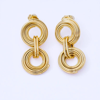 24K Gold Filled Double Multiple Linear Band Round Geometric Drop Stud Earrings | AB1641
