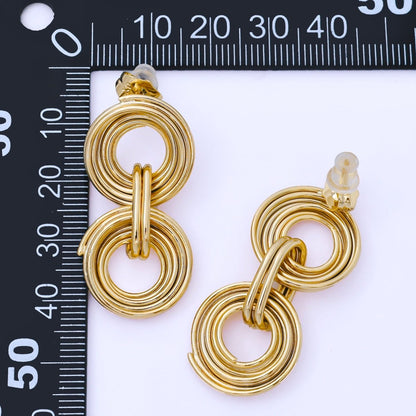 24K Gold Filled Double Multiple Linear Band Round Geometric Drop Stud Earrings | AB1641