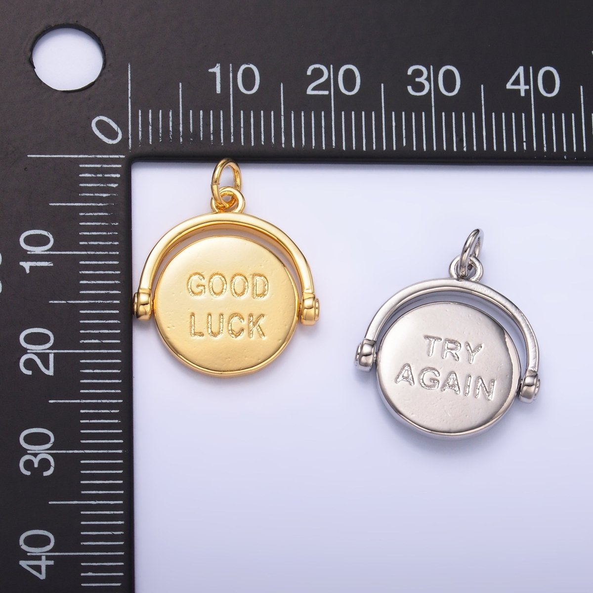 24K Gold Filled Double Sided "Good Luck" "Try Again" Coin Charm in Gold &amp; Silver | W401