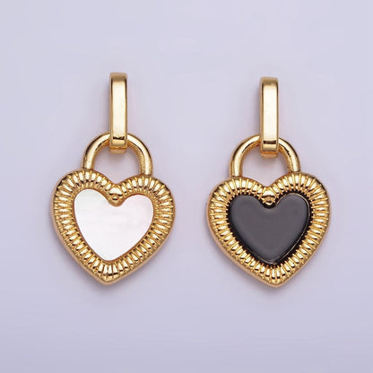 24K Gold Filled Double Sided Shell Pearl Onyx Line-Textured Heart Lock Pendant | AA-601