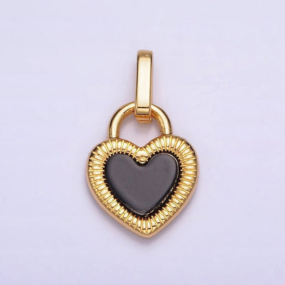 24K Gold Filled Double Sided Shell Pearl Onyx Line-Textured Heart Lock Pendant | AA-601