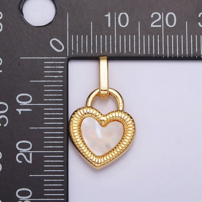 24K Gold Filled Double Sided Shell Pearl Onyx Line-Textured Heart Lock Pendant | AA-601