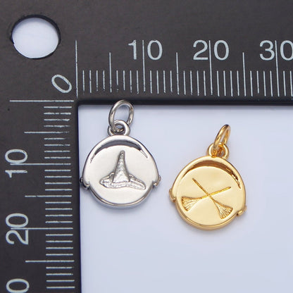 24K Gold Filled 14mm Double Sided Witch Hat Broom Stamped Round Charm in Gold &amp; Silver | X908