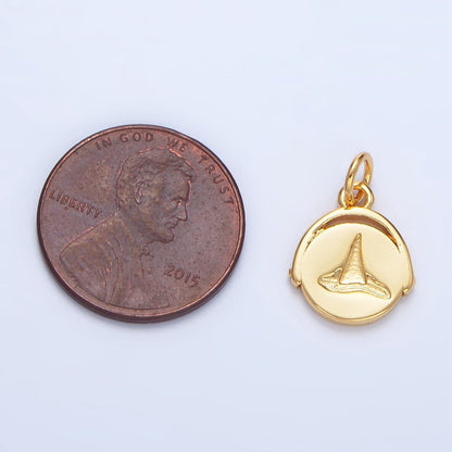 24K Gold Filled 14mm Double Sided Witch Hat Broom Stamped Round Charm in Gold &amp; Silver | X908