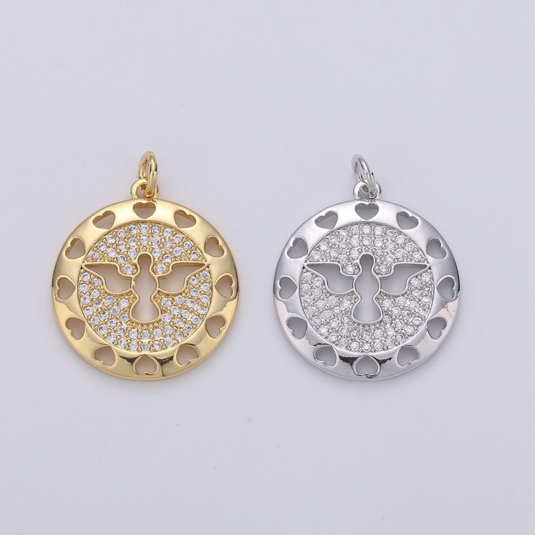 24K Gold Filled Dove Pendant Micro Pave Coin Medallion Charm Religious Pendant Peace Dove Freedom Jewelry D-076 D-077