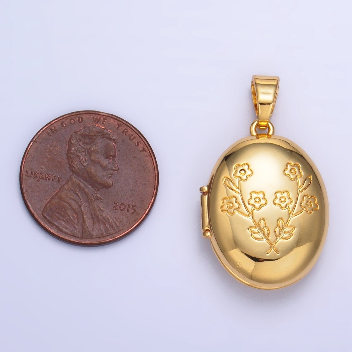 24K Gold Filled 24mm Flower Engraved Oval Locket Pendant in Gold &amp; Silver | AA1007