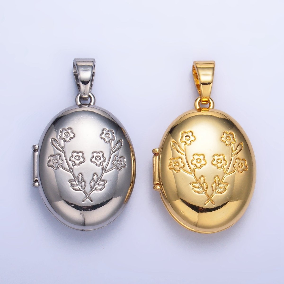 24K Gold Filled 24mm Flower Engraved Oval Locket Pendant in Gold &amp; Silver | AA1007