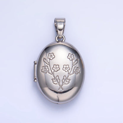 24K Gold Filled 24mm Flower Engraved Oval Locket Pendant in Gold &amp; Silver | AA1007