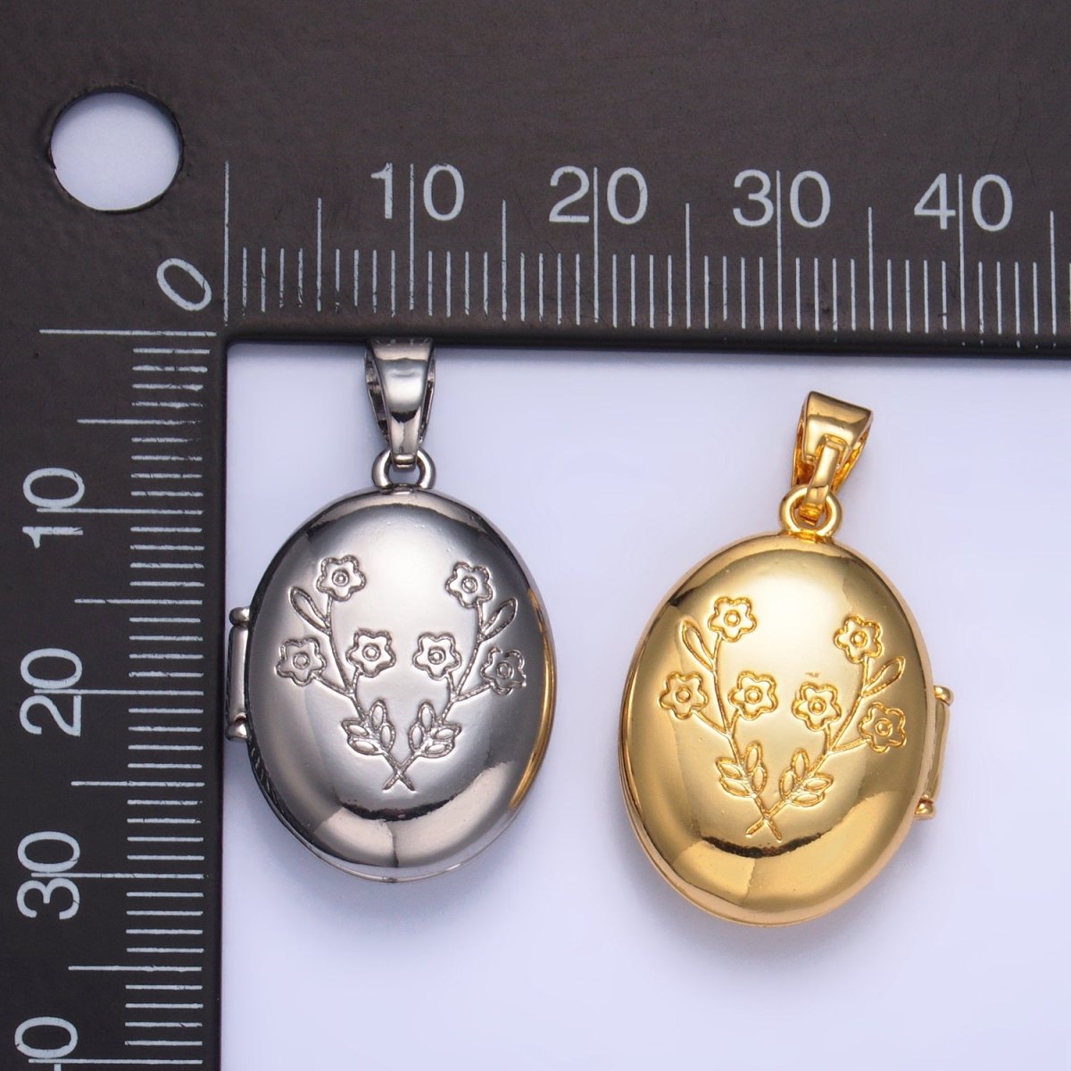 24K Gold Filled 24mm Flower Engraved Oval Locket Pendant in Gold &amp; Silver | AA1007