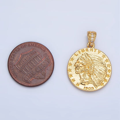 24K Gold Filled "E PLURIBUS UNUM" Eagle America Double Sided Coin Pendant in Gold &amp; Oxidized Silver | AA940