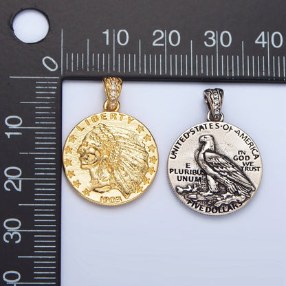 24K Gold Filled "E PLURIBUS UNUM" Eagle America Double Sided Coin Pendant in Gold &amp; Oxidized Silver | AA940