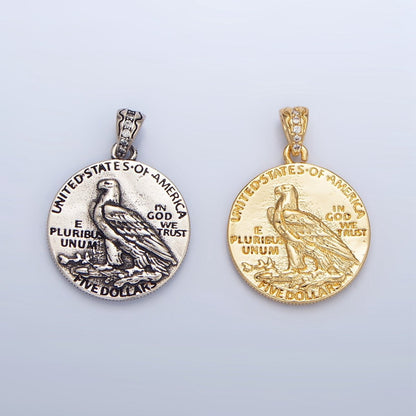 24K Gold Filled "E PLURIBUS UNUM" Eagle America Double Sided Coin Pendant in Gold &amp; Oxidized Silver | AA940