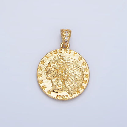 24K Gold Filled "E PLURIBUS UNUM" Eagle America Double Sided Coin Pendant in Gold &amp; Oxidized Silver | AA940