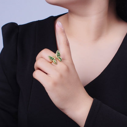 24K Gold Filled Emerald Green Micro Pave Cubic Zirconia Butterfly Mariposa Wings Open Adjustable Ring | U-123