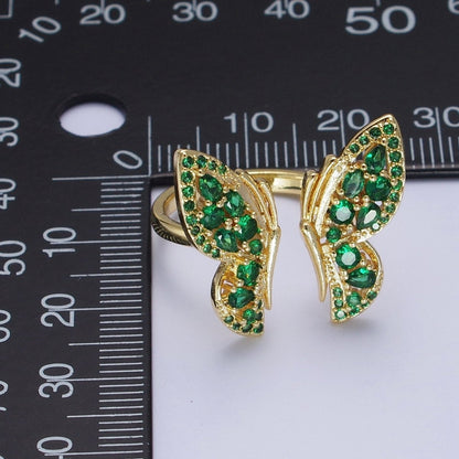 24K Gold Filled Emerald Green Micro Pave Cubic Zirconia Butterfly Mariposa Wings Open Adjustable Ring | U-123