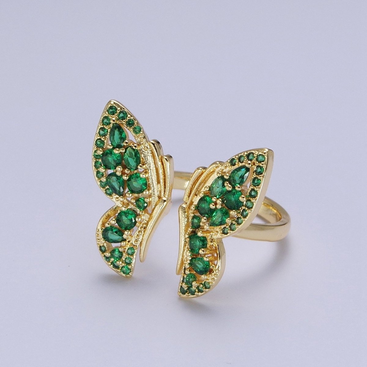 24K Gold Filled Emerald Green Micro Pave Cubic Zirconia Butterfly Mariposa Wings Open Adjustable Ring | U-123