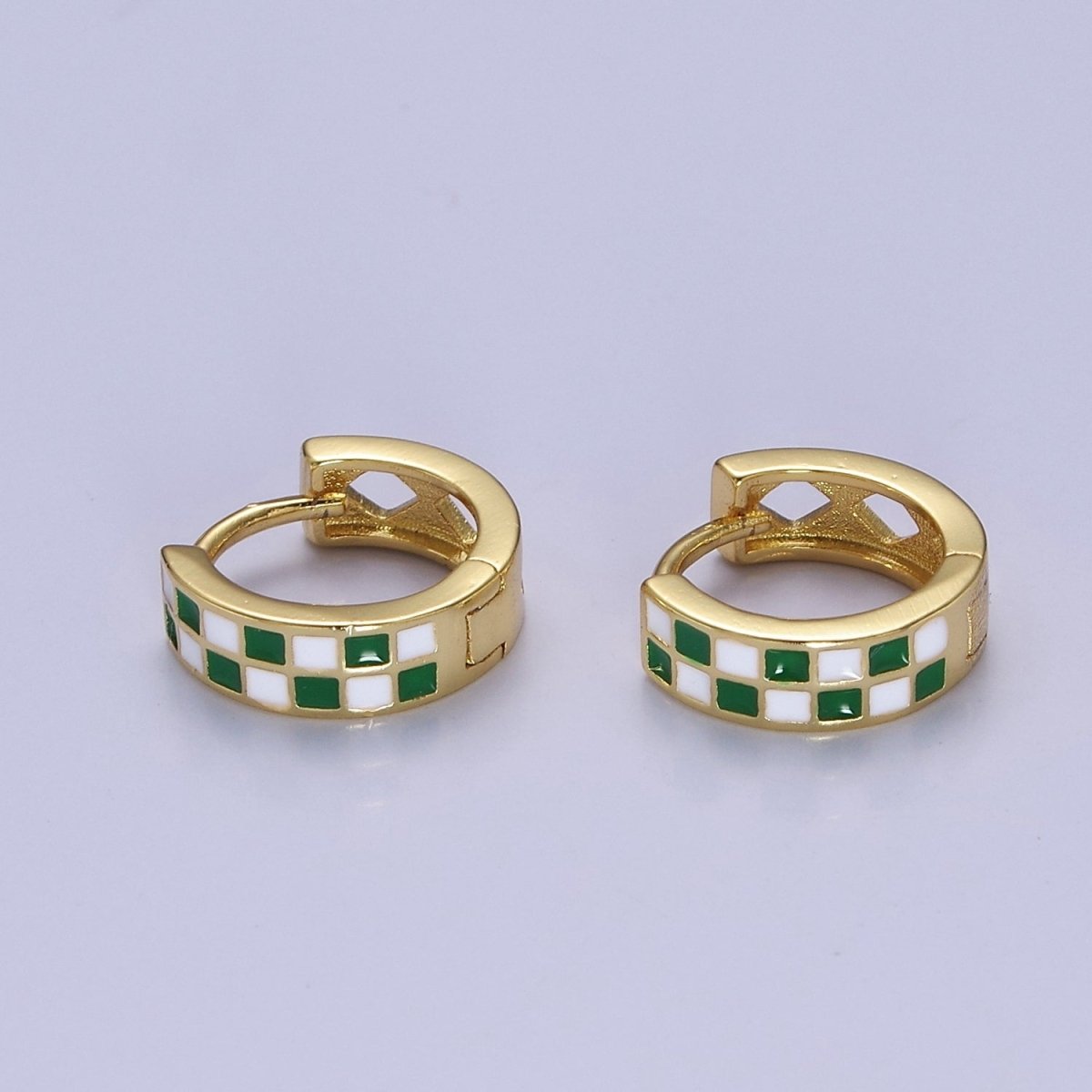 24K Gold Filled Enamel Checker Hoops Earring Retro Gold Huggie Earrings V131 V132