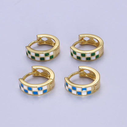 24K Gold Filled Enamel Checker Hoops Earring Retro Gold Huggie Earrings V131 V132