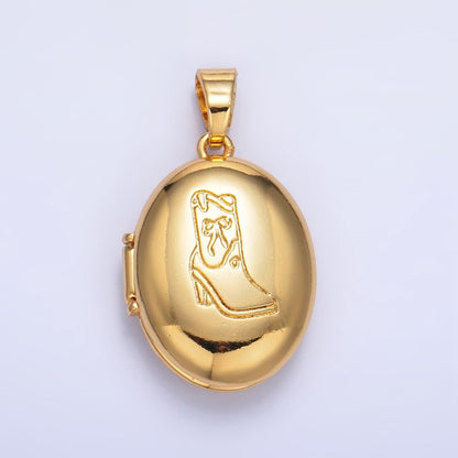 24K Gold Filled Engraved Cowboy Boot Oval Locket Pendant | AA-1016