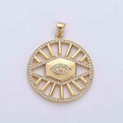 24k Gold Filled Evil Eye Charm Micro Pave Cubic Zirconia Round Evil Eye Pendant Charm for Medallion Necklace Component D-085