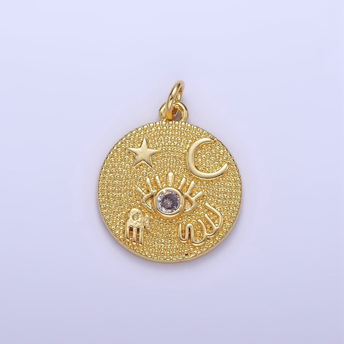 24K Gold Filled Evil Eye Hamsa Hand Celestial Textured Round Charm | E347