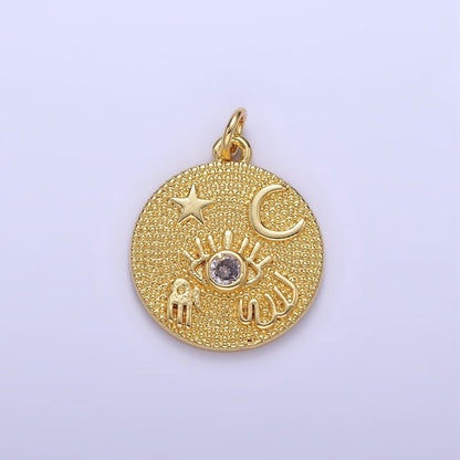 24K Gold Filled Evil Eye Hamsa Hand Celestial Textured Round Charm | E347