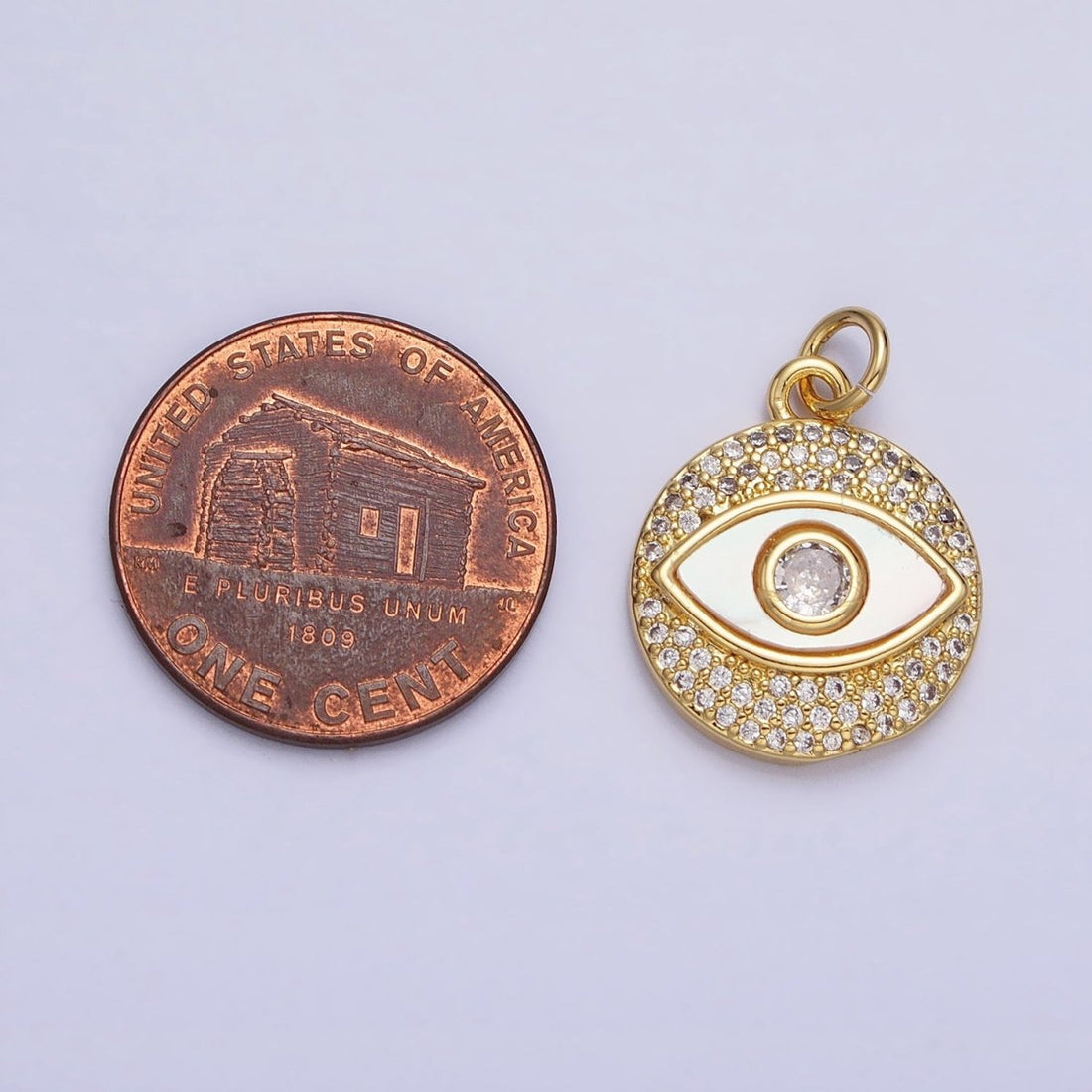 24K Gold Filled Evil Eye Shell Pearl Clear Micro Paved CZ Round Charm | AC590
