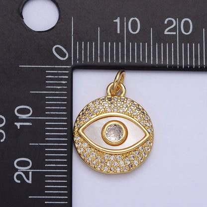 24K Gold Filled Evil Eye Shell Pearl Clear Micro Paved CZ Round Charm | AC590
