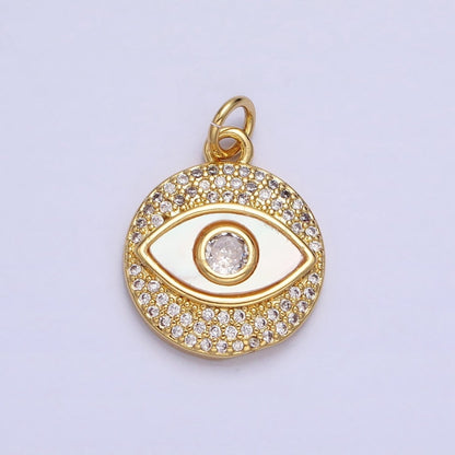 24K Gold Filled Evil Eye Shell Pearl Clear Micro Paved CZ Round Charm | AC590