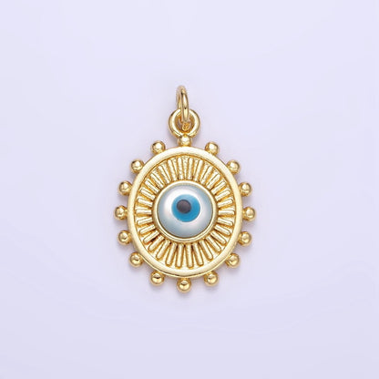 24K Gold Filled Evil Eye Sunburst Dotted Bezel Oval Charm | E364