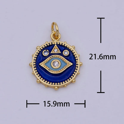 24K Gold Filled Eye Charm Dainty Enamel Blue Evil Eye On Medallion Shape Pendant Epoxy Gold Charm for Necklace Bracelet Component  E-124